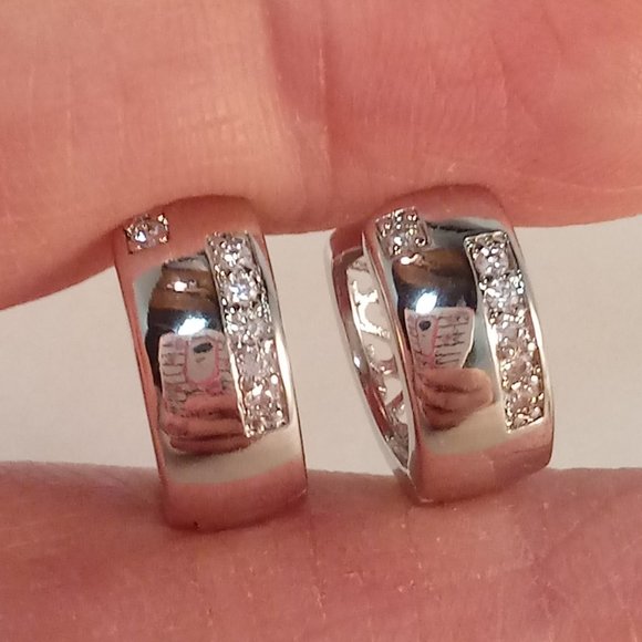 Men's Silver Plated Diamond Zircon Hoop Huggie Earrings 13x5mm Party Gift - Picture 2 of 5